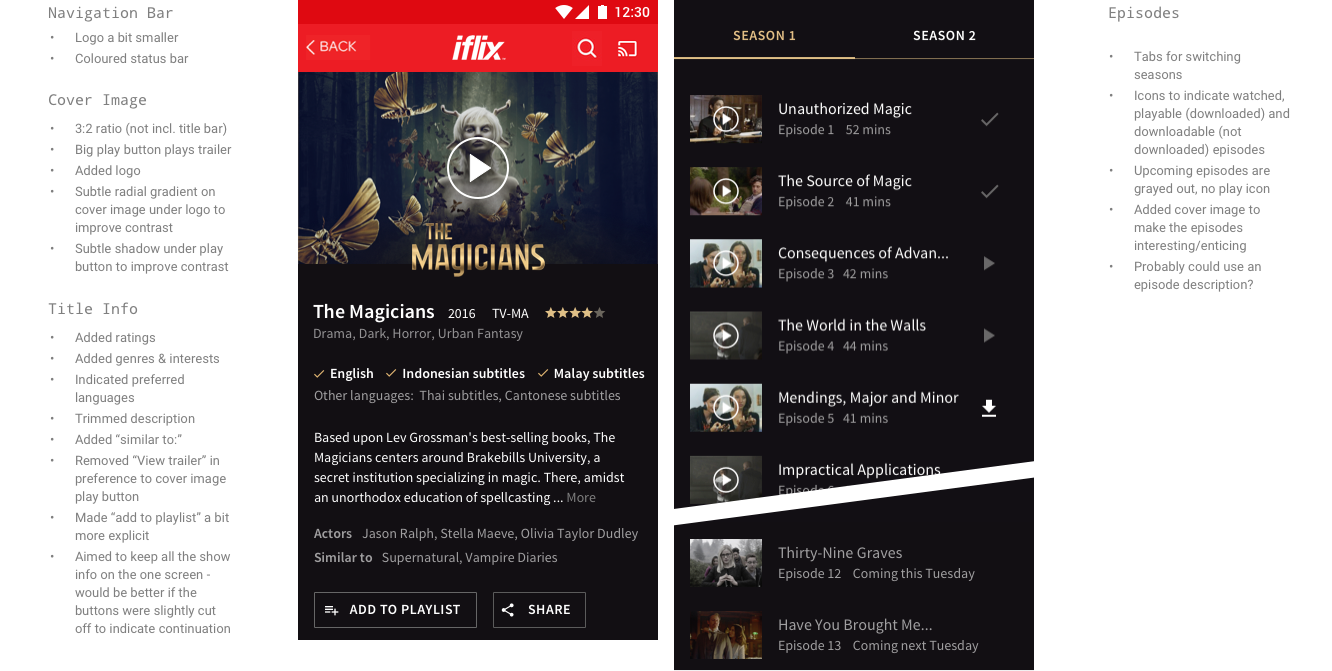 A visual concept for 'The Magicians' title screen with a larger play button, a more minimal navigation bar and logo, key decision-making information visible first (e.g. genre, languages, rating), and a truncated description. A further scroll reveals individual episodes and an option to download.