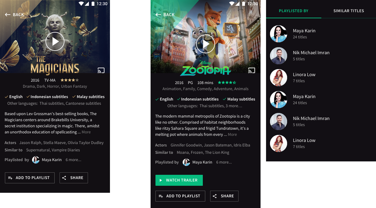 Screenshots of concept that is similar in content and hierarchy, but with a splash of diagonal colour overlay to reflect iflix's brand. This is colour-matched to the title image, shown by using the example of 'The Magicians' and then adding 'Zootopia' to show how it would change. I also added a 'social proof' idea in the form of celebrities shortlisting/recommending titles.