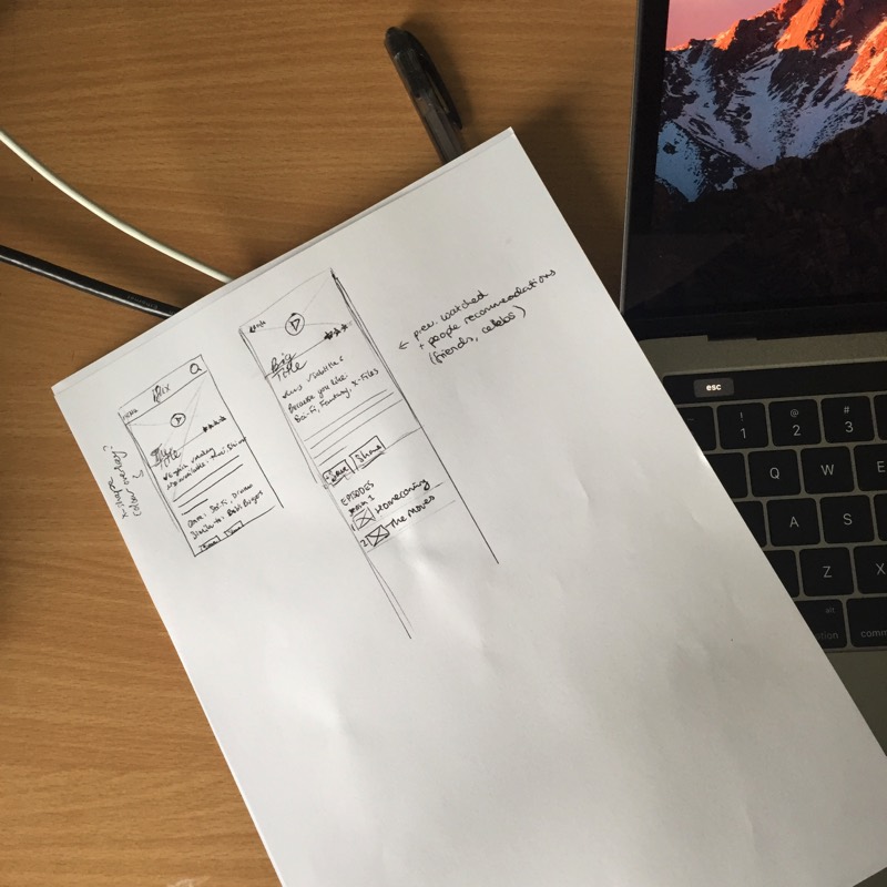 Photo of my notepad on my desk, with a UI screen sketched out. The play button is more prominent, and there's more information about the title in view.