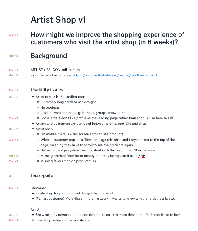 Screenshot of Dropbox Paper document titled 'Artist Shop v1' with the subtitle 'How might we improve the experience of customers who visit the artist shop (in 6 weeks)?', and subheadings 'Background', 'Usability issues', and 'User goals'. Down the left side there are names showing how Masni and the other designer contributed alternating lines to the doc.
